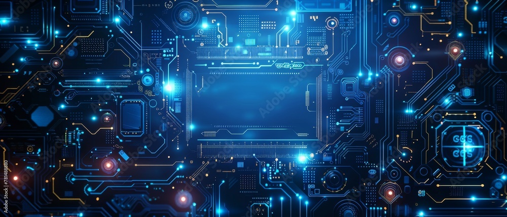 an artificial intelligence theme With 80 percent of the image left blank, the subdued dark blue color scheme and low saturation set the tone, enhanced by a subtle glowing pale blue circuit board decor - obrazy, fototapety, plakaty 