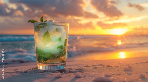drinks with blur beach and sunset in background AI generated
