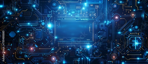 an artificial intelligence theme With 80 percent of the image left blank, the subdued dark blue color scheme and low saturation set the tone, enhanced by a subtle glowing pale blue circuit board decor