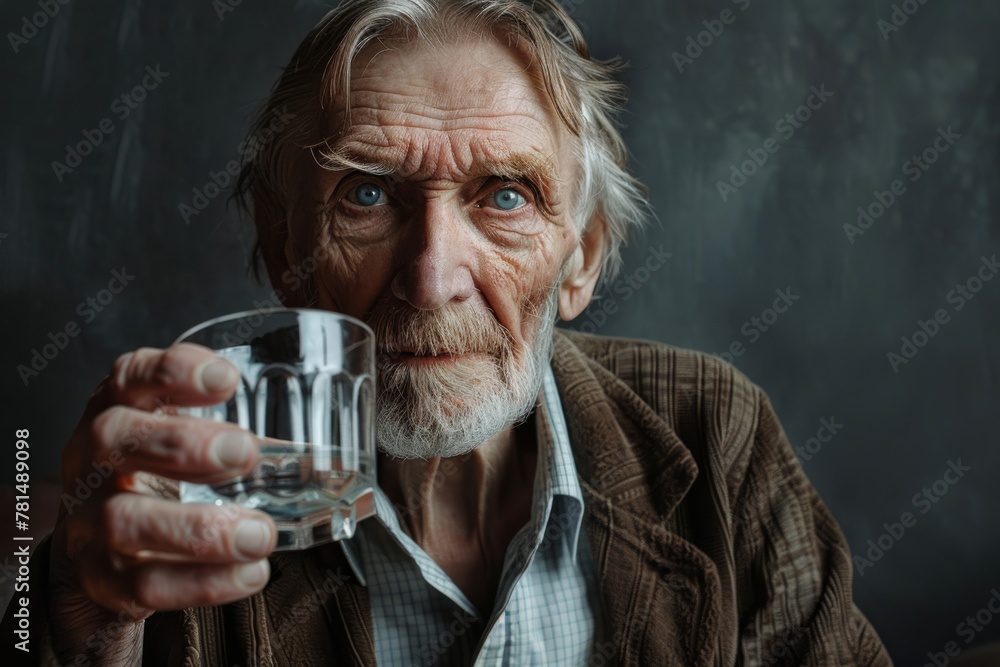 A close-up portrait of an elderly man with deep gaze holding a glass of water, set against a dark background. Elderly Man Holding a Glass of Water Intently A close-up portrait of an elderly man with deep gaze holding a glass of water, set against a dark background. Elderly Man Holding a Glass of Water Intently