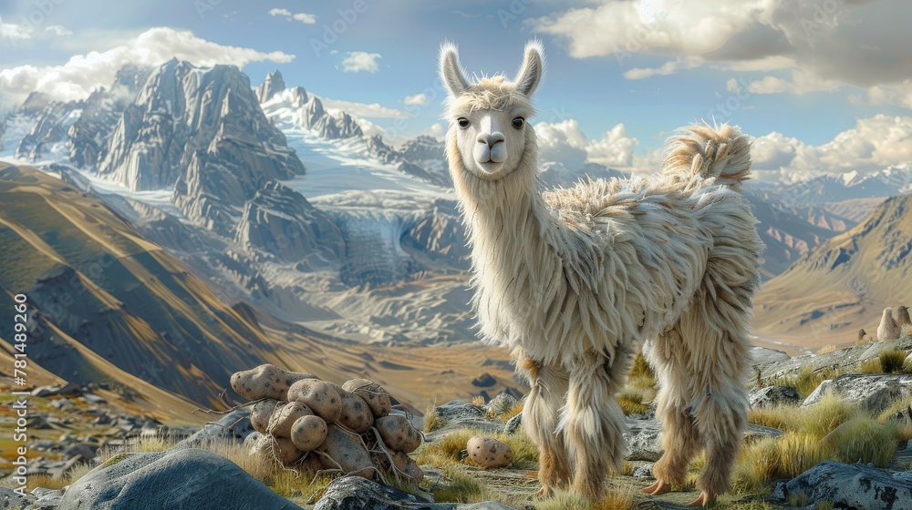 Fototapeta premium 2D art of fluffy llama, stylish puffer jacket on, in stunning Peruvian landscape, potato roots in grip