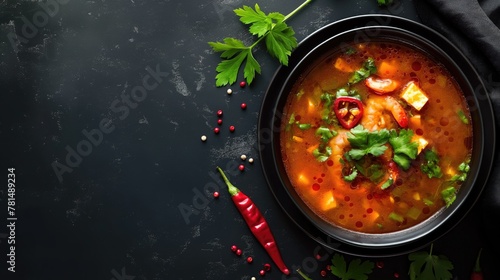 Tom yum soup on dark background. Top view, copy space