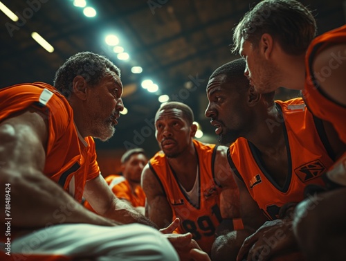 A group of basketball players huddled together, one of them wearing a jersey with the number 919