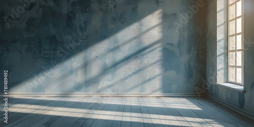 Crisp shadow of a window frame playing with light and architectural elements on a bare floor evoking a sense of tranquility and minimalist design photo