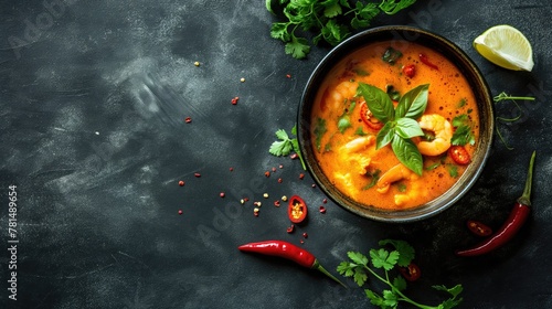 Thai tom yum soup with prawns and chili pepper on dark background photo