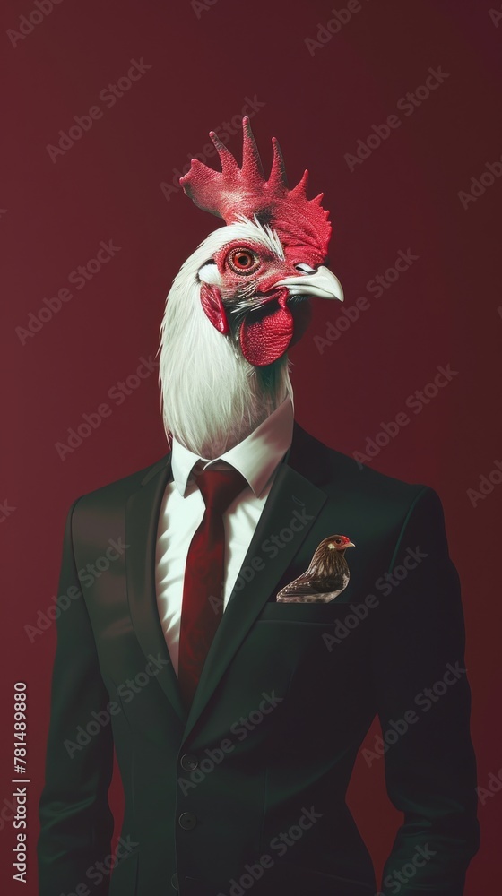 Surreal portrait of man with rooster head in suit