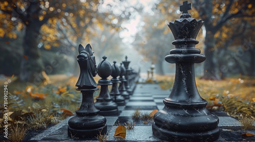 Black and gray tones, retro, distant view of a strategic, chess like forgotten battlefield, poetic essence, non realistic, slightly blurry with sharpened details photo