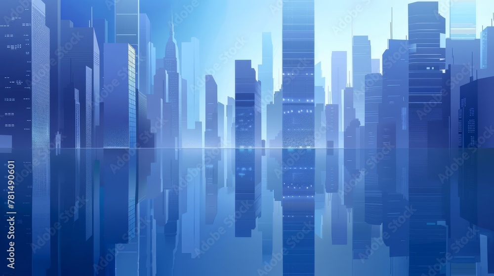 Digital illustration of a futuristic blue city skyline with a clear reflection in water