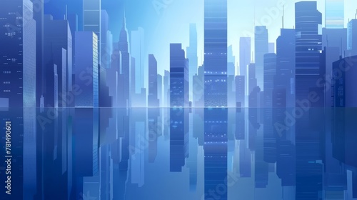 Digital illustration of a futuristic blue city skyline with a clear reflection in water