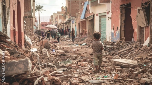  a child stands atop rubble-strewn streets amidst collapsed buildings, while people desperately navigate through debris in search of safety
 photo
