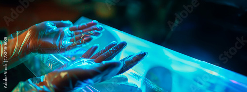 Wallpaper Mural Gloved hands manipulate a futuristic holographic display with neon blue and orange lights, evoking advanced technology and data analysis. Artificial intelligence and holography. Banner. Copy space Torontodigital.ca