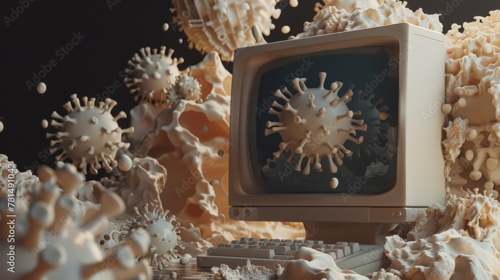 A stylized clay computer vividly showcases a virus infection ...