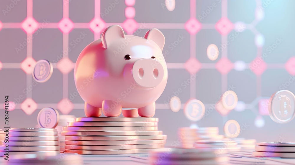 Piggy bank perches atop a stack of cryptocurrency coins, amidst a neon-lit digital matrix. Artfully merges the traditional concept of savings with the cutting-edge world of blockchain investments. Piggy bank perches atop a stack of cryptocurrency coins, amidst a neon-lit digital matrix. Artfully merges the traditional concept of savings with the cutting-edge world of blockchain investments.
