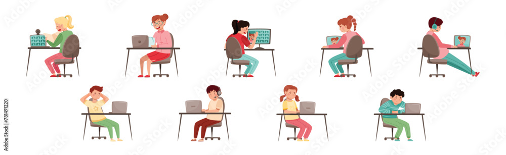 Home Schooling with Children at Desk with Computer Vector Set Home Schooling with Children at Desk with Computer Vector Set