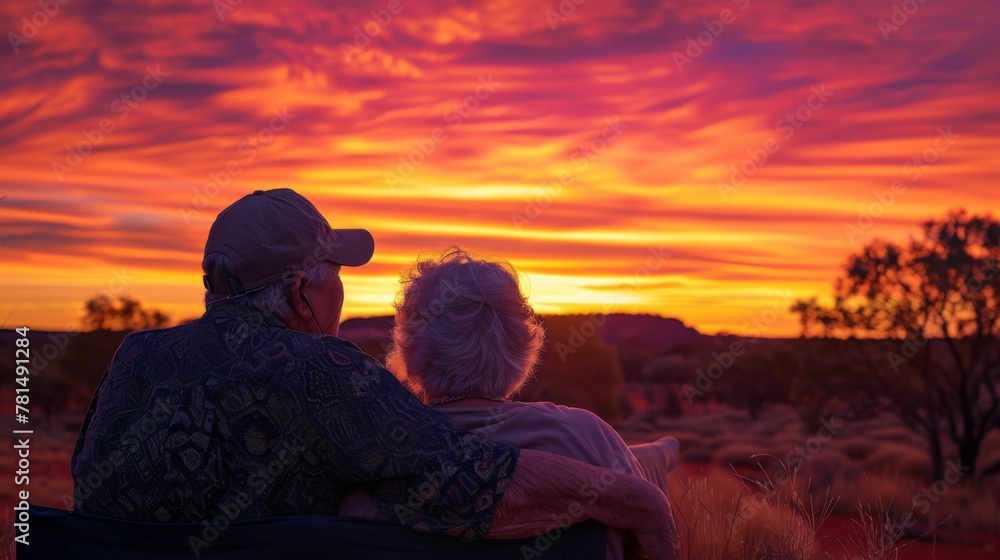 In a serene Australian outback, a senior couple embraces each other as they witness the vibrant sunset, enjoying a moment of peace and togetherness.