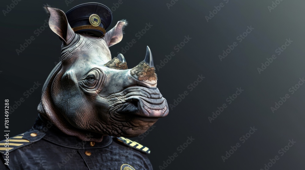 Vigilant Rhino Guard in Uniform on Secure Watch. A rhinoceros dressed as a stoic security guard stands on duty, exuding a mix of safety and sternness against a subdued background.
