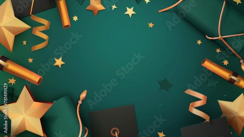 A festive flat lay of graduation caps and diplomas set against a rich green background, sprinkled with gold stars, symbolizing achievement and commencement festivities with copy space for text.