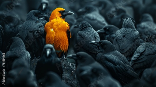 Standout orange bird among black crows