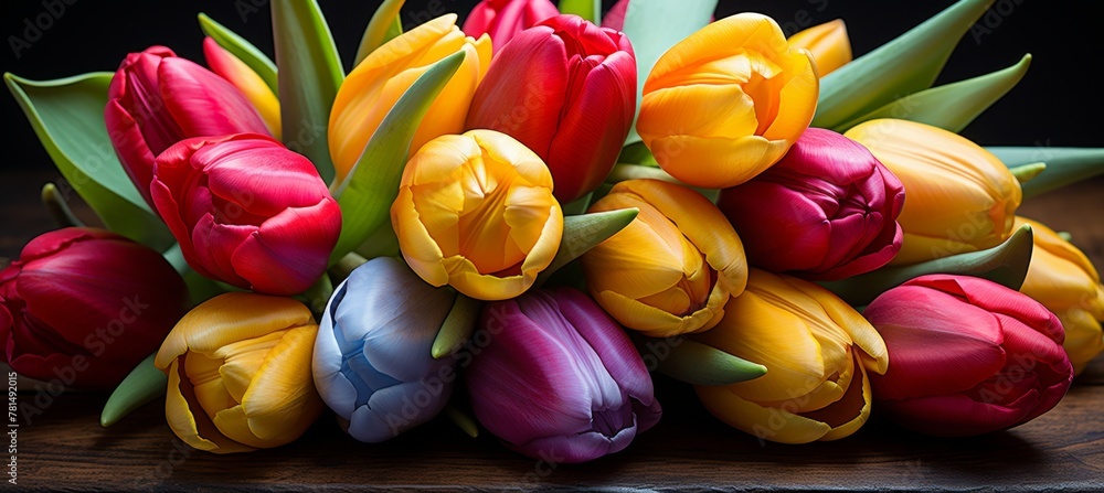 a high resolution digital art piece featuring a diverse array of vivid flowers, particularly showcasing bright tulips against a dramatic black backdrop a high resolution digital art piece featuring a diverse array of vivid flowers, particularly showcasing bright tulips against a dramatic black backdrop