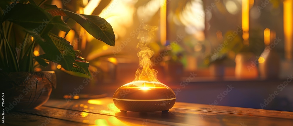 Aromatherapy diffuser and essential oils, close-up, warm glow, tranquil ambiance Aromatherapy diffuser and essential oils, close-up, warm glow, tranquil ambiance