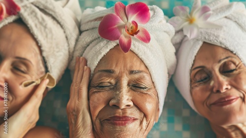 Senior Ladies Indulging in a Pampering Spa Day. A serene group of senior women enjoys a day of indulgence with spa treatments, sharing moments of relaxation and self-care.