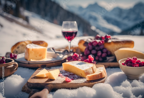 Romantic alpine picnic in Dolomites with mountains background. Traditional Italian food and drink outdoor in sunny winter day. National cheese and wine day.