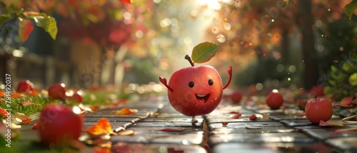 Apple character jogging, early morning park scene, cheerful expression