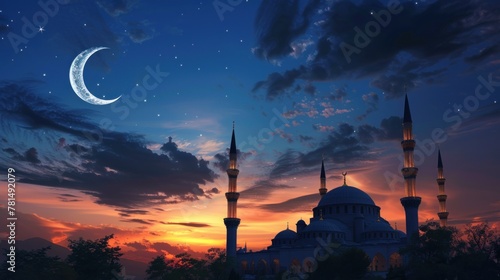 Mosques Dome on dark blue twilight sky and Crescent Moon on background, symbol islamic religion Ramadan and free space for text arabic