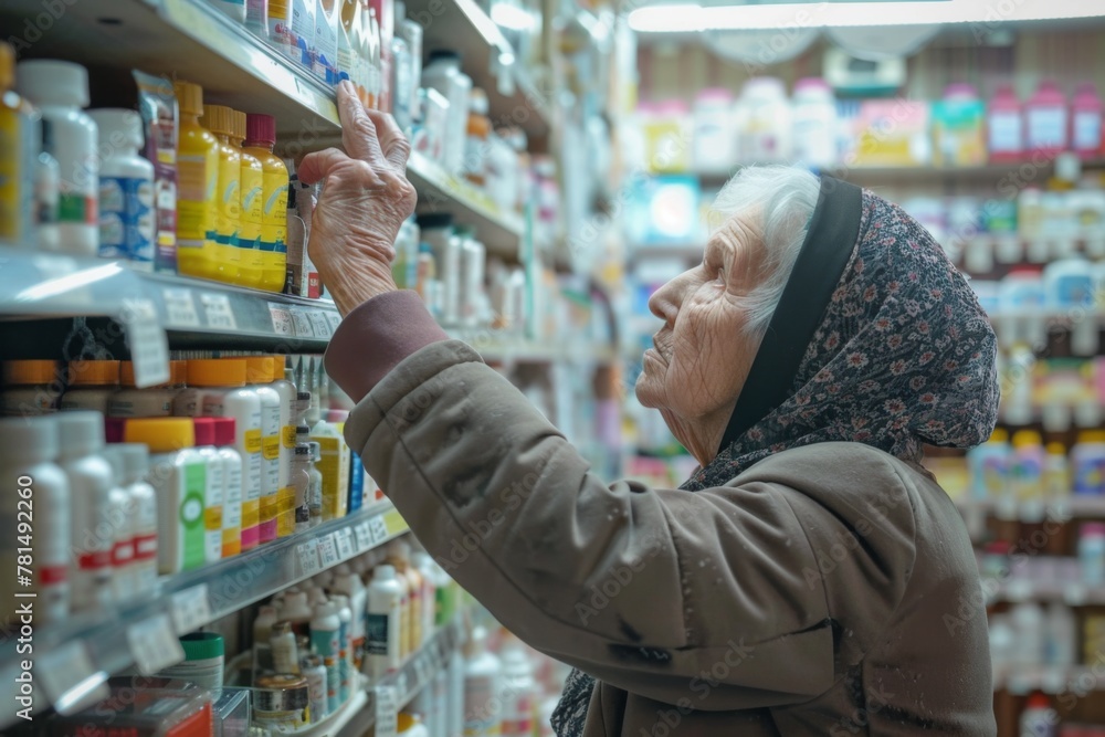 An elderly customer browsing shelves of pills in a retail store