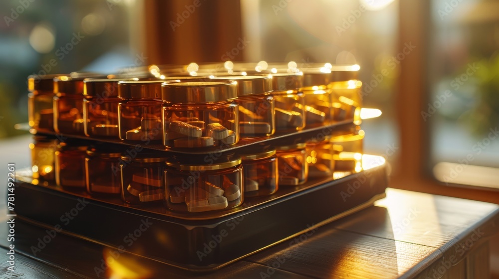 Black and gold pill organizer, morning light, angled shot, daily regimen