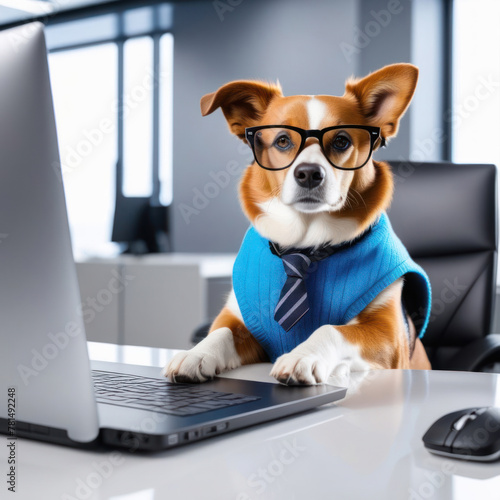 Red dog wearing glasses and a tie sits at a table and works on a laptop in a office. © 7707601