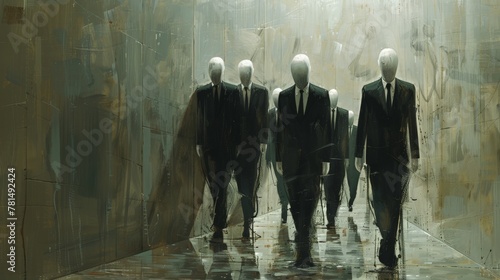 Сoncept of conformity, the office plankton. A group of faceless men in business suits marching in a line. photo