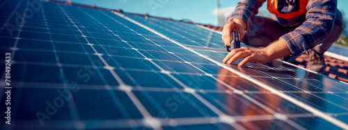Meticulous man installation of solar panels, person's hands securing the sustainable energy source on a sunny day. Nature Conservation. Renewable source of solar energy. Banner. Copy space photo