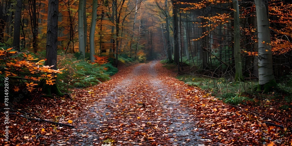 Fototapeta premium Winding Autumn Forest Path Leads to a Tranquil Retreat for Peaceful Reflection
