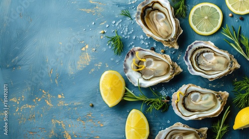 Fresh oysters on ice with lemon and rosemary on blue background photo