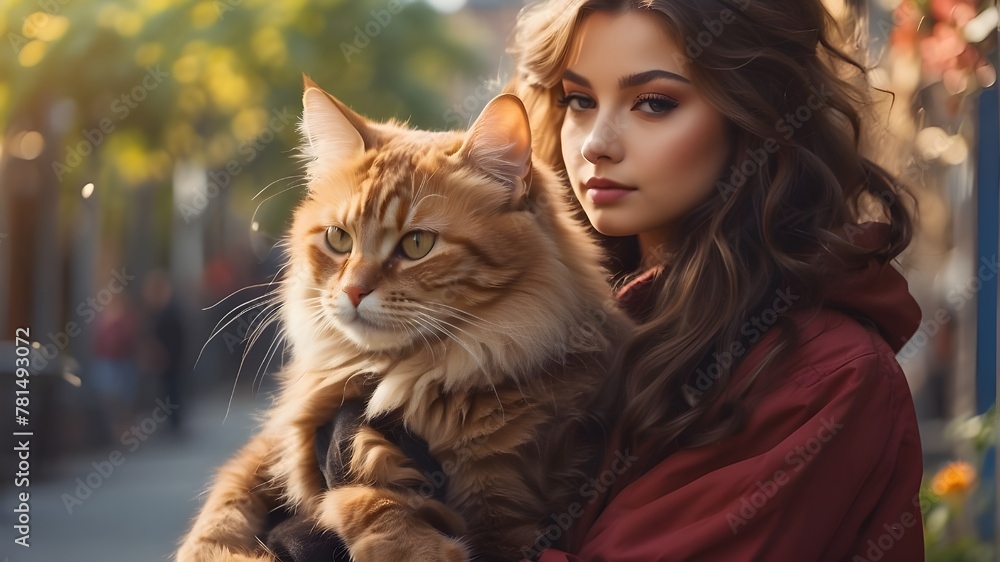 A young  girl siting with cat