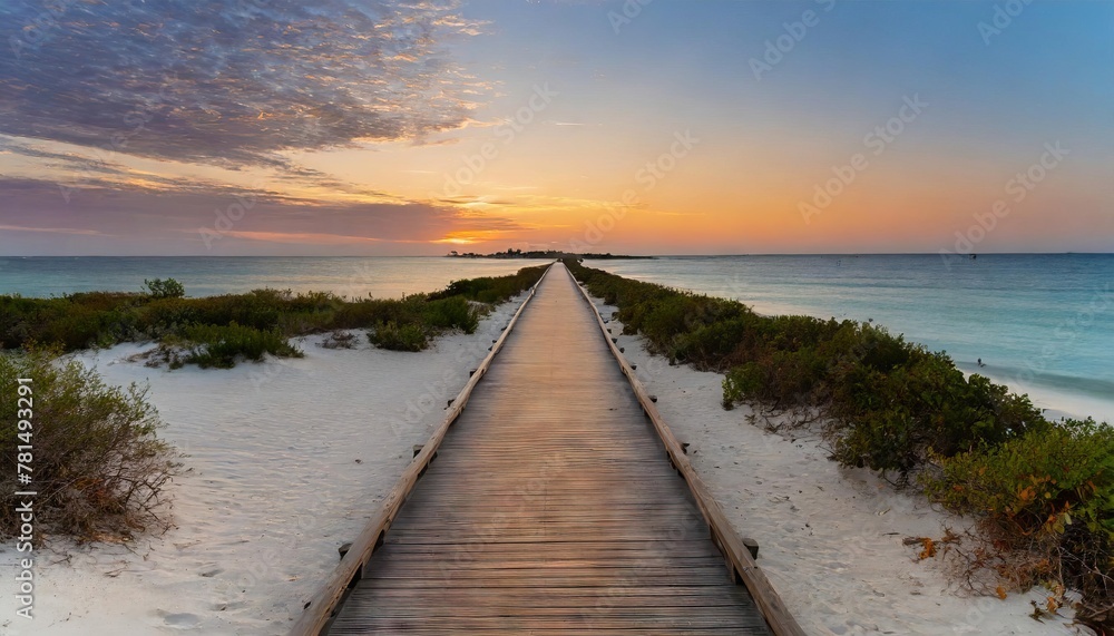 boardwalk leading to the white sand beach and ocean water at sunset with few shrubs on sides