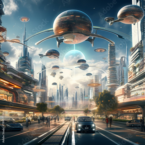 A futuristic cityscape with flying cars. 