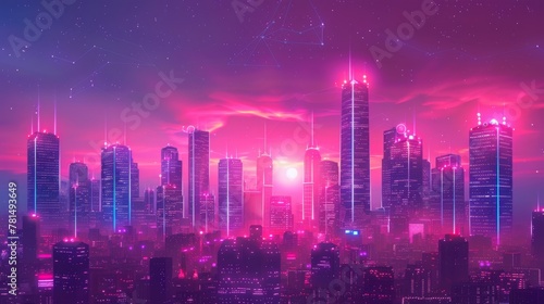 Cybernetic city skyline at dusk, neon outlines, ultra-modern, skyward view