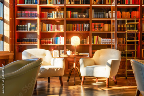 Tranquil librarian-core inspired relaxation public area with tall bookshelves lined with array of books, comfortable armchairs and wooden table. Serene ambiance ideal for contemplation and leisure