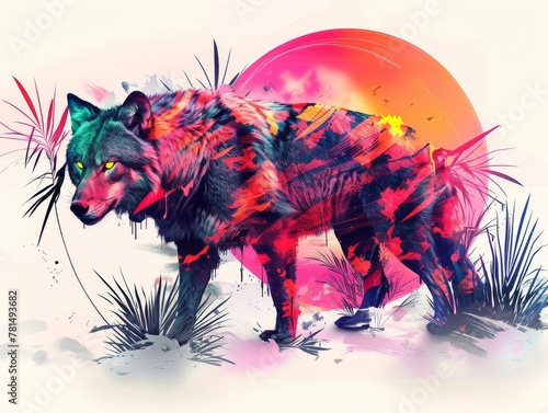 Cybernetic wildlife, digital brush strokes, neon accents, merging nature and tech