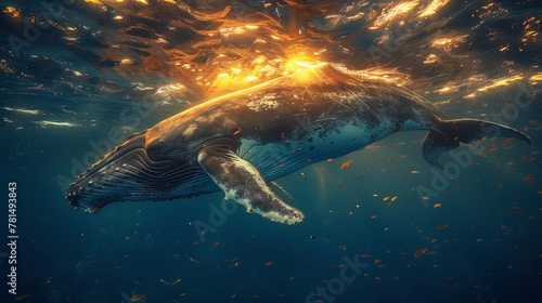 Humpback whale swims gracefully beneath the ocean’s golden-lit surface