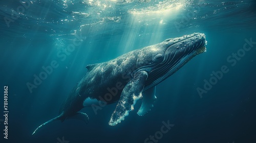 Serene humpback whale swims in the sunlit ocean depths  showcasing the beauty of marine life