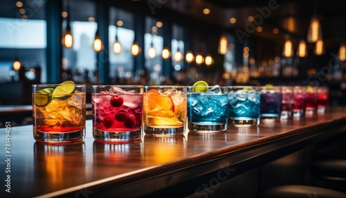 exotic, colorful cocktails arranged on a nightclub counter.The cocktails exude a tropical, refreshing vibe, enticing patrons to indulge in the lively atmosphere of the bar.