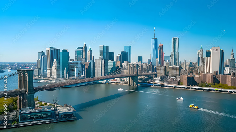 Iconic New York City Landscape, Manhattan and Brooklyn Bridges Towering Over East River Amidst Skyscrapers, Carsand Ferry Boats in Cinematic Urban Skyline, Beneath a Clear Blue Sky 