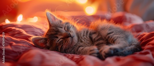 Furry kitten sleeping, cozy warmth, gentle curves, peaceful nap photo