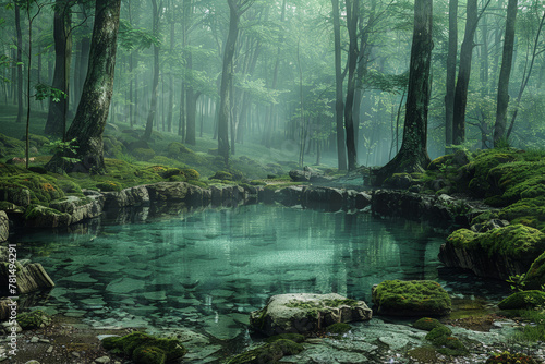 A tranquil pool nestled in the heart of a forest, its surface reflecting the surrounding trees like a mirror. Concept of hidden oases and untouched beauty. Generative Ai.