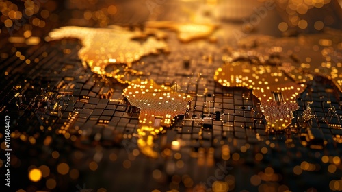 Gold backdrop, jigsaw of global trade routes, dawn lighting, aerial perspective, interconnected economies