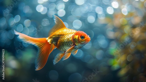 Gold fish in black pond, sunlight, side view, natural contrast