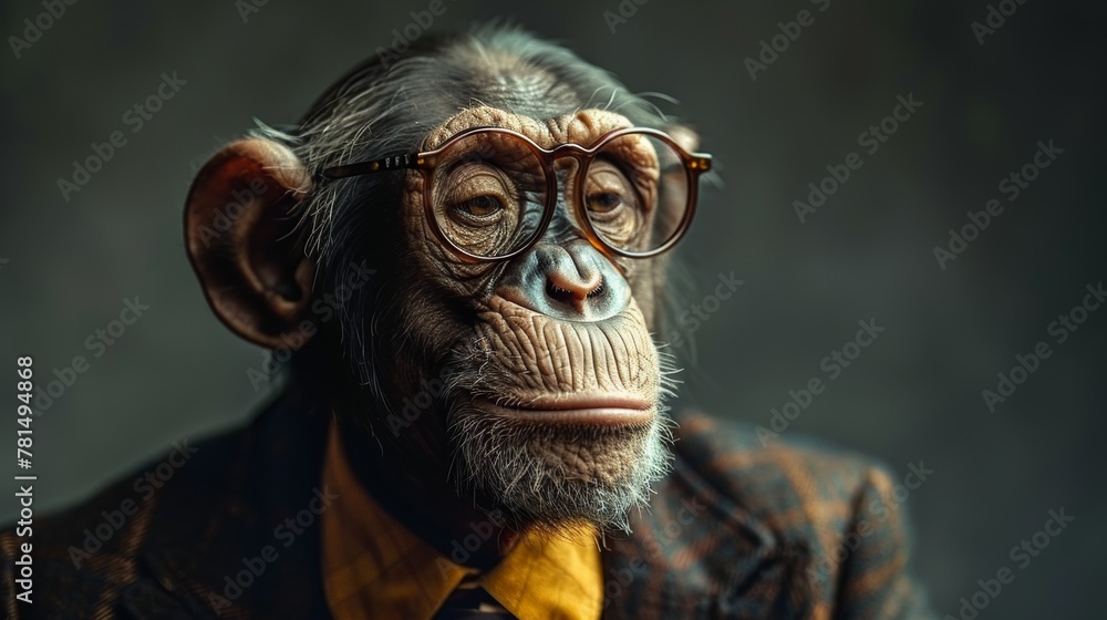 Intelligent chimpanzee in glasses and suit